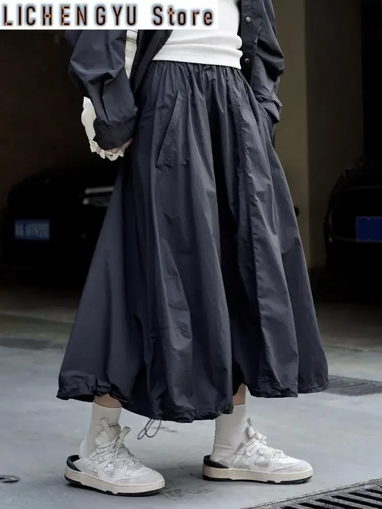 High Elastic Waist Loose Fit Khaki Drawstring Casual Half-body Skirt Women Fashion Tide New Spring Autumn