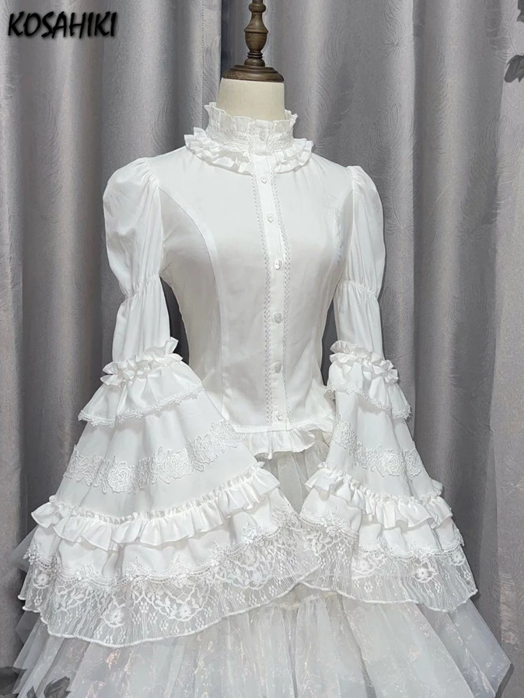 

Japanese Sweet Lolita Flare Sleeve Shirt Autumn Y2k Aesthetic Embroidery Flower Blouse Tops Women JK Slim Fit Ruffled Blusas