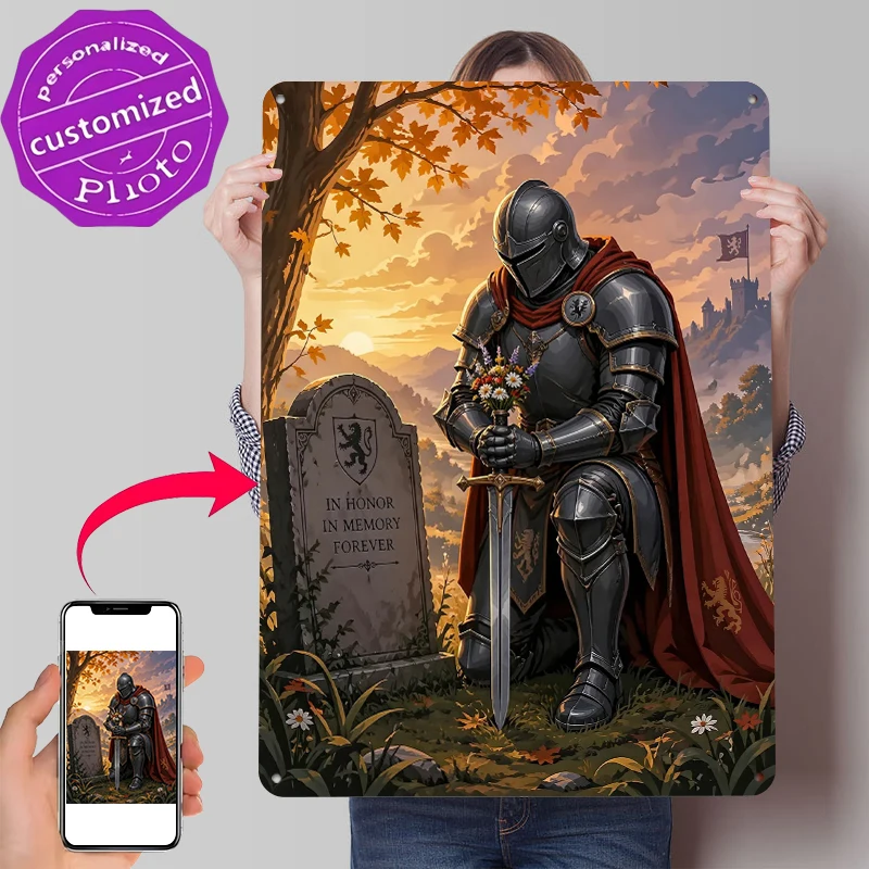 Ritter kniend vor einem Grab Metallposter Maßgefertigte Wandkunst Retro Vintage Blechschilder für Ästhetische Dekoration Zimmer Männerhöhle