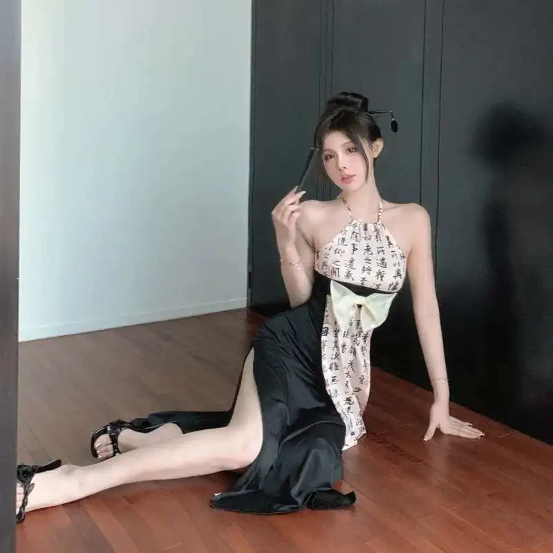 Style Ink Chinese Wash Printed Hanging Neck Dress Women Summer Bow Design Sense Split Fork High Waisted Slim Long Dress 9HP2