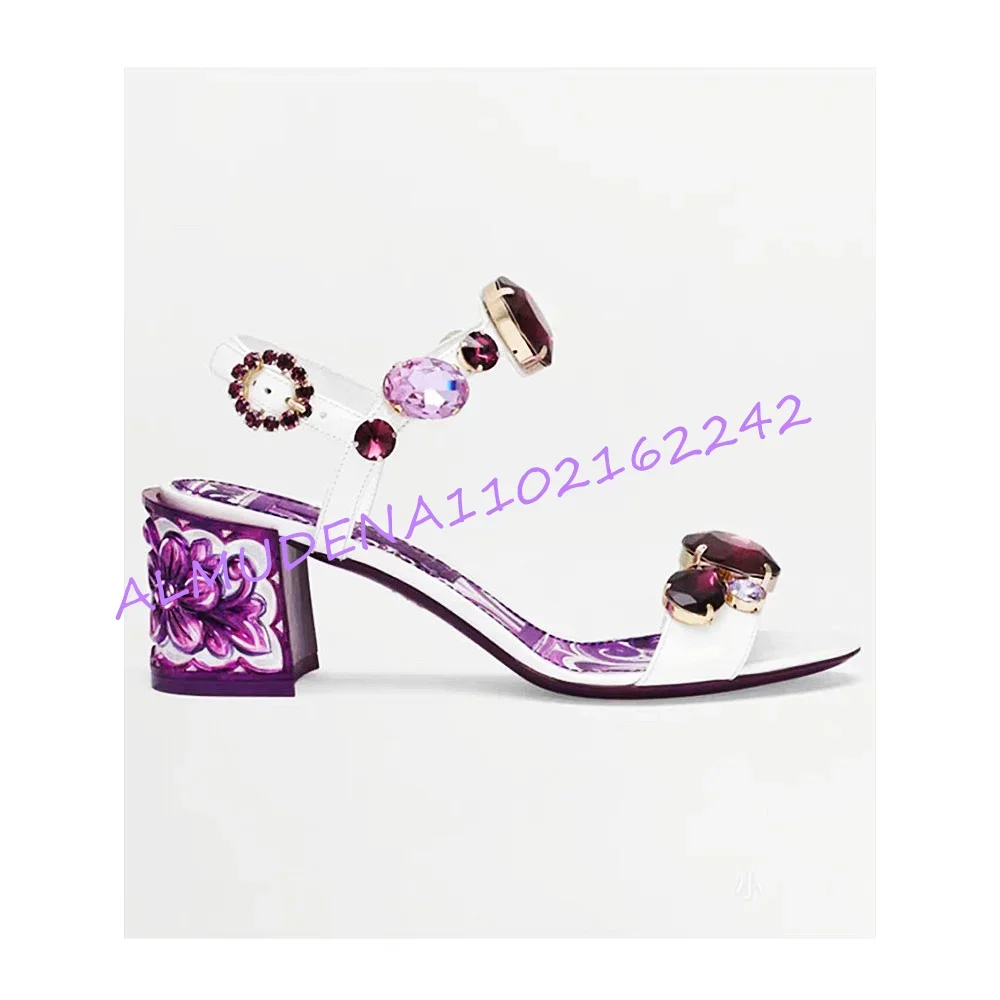 2026 New Women'S Print Sandals Red Crystal Rhinestone Decor Chunky Block Heel White Leather Open Toe Ankle Strap Buckle Footwear image 5