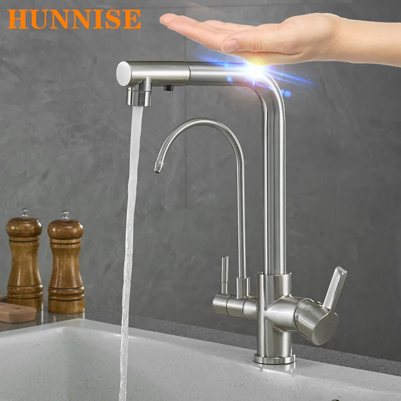 Chrome Touch on Filter Kitchen Faucets with Pull Down Hot Cold Kitchen Sink Mixer Tap Smart Sensor Touch Pull Out Kitchen Faucet