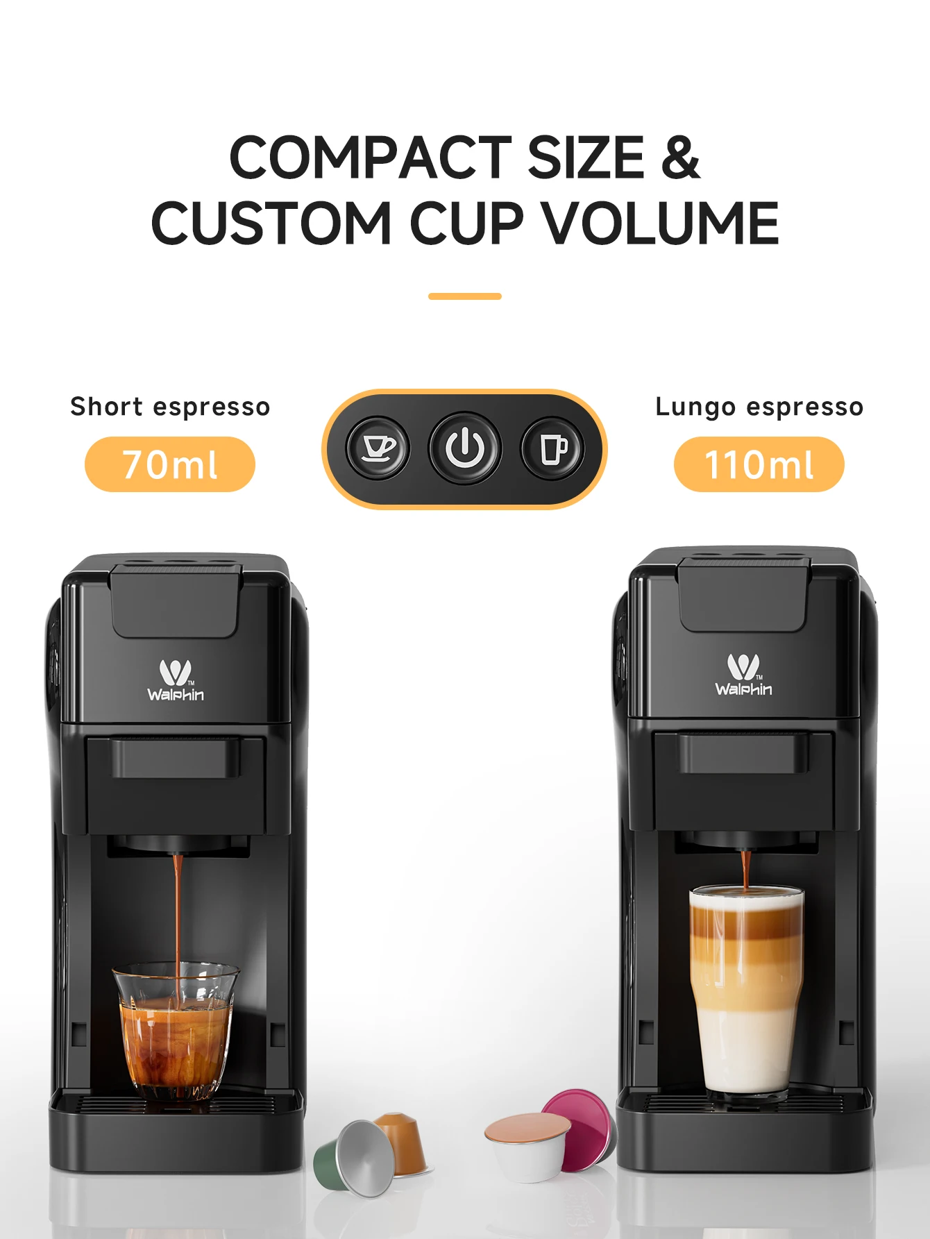 Walphin Coffee Machine 3 in 1 Capsule Coffee Machine Semi-Automatic Espresso Machine 0.6L Removable Water Tank