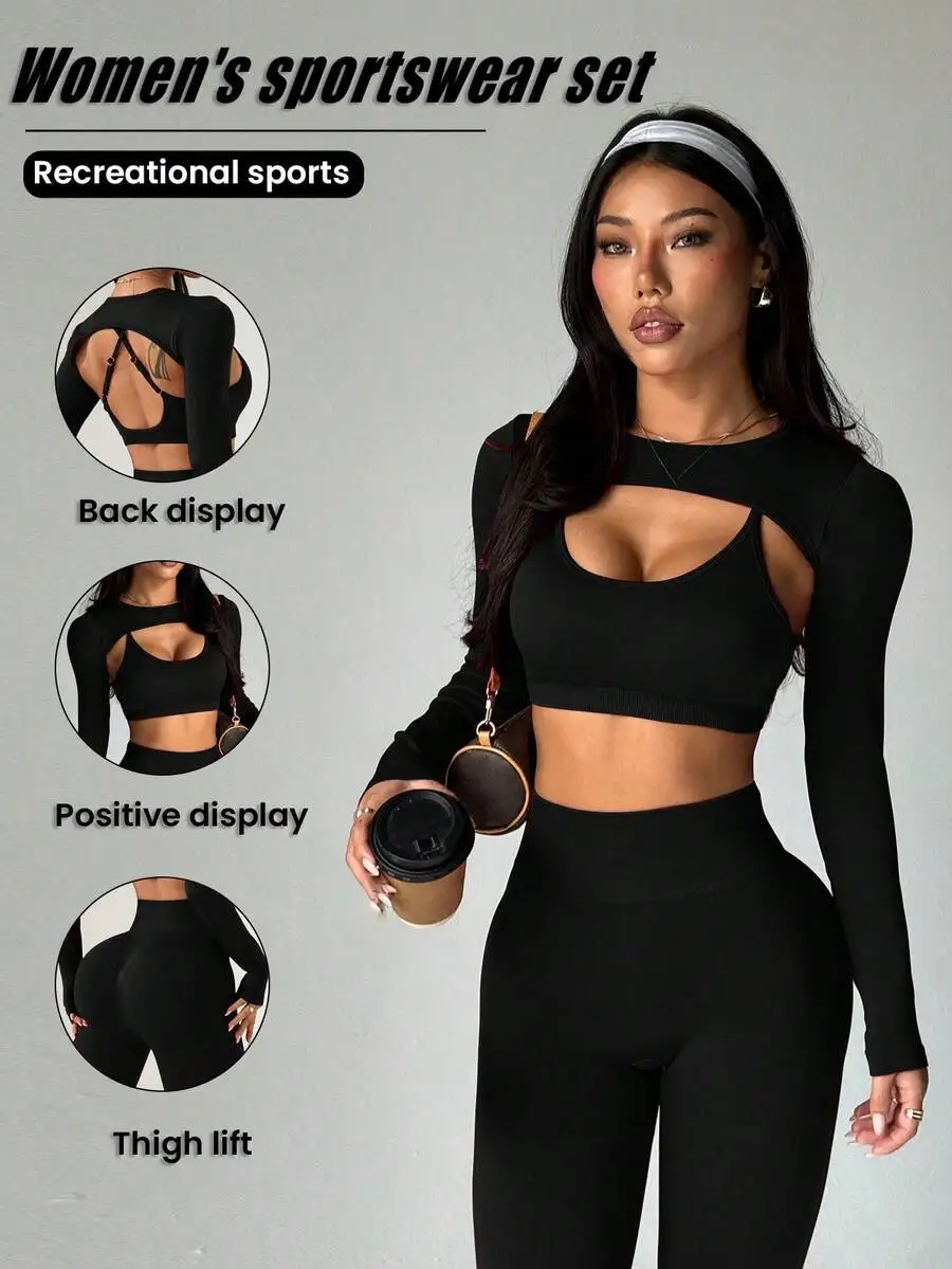 

Womens Solid Color Long Sleeve Sports Top Camisole High Waist Leggings Set
