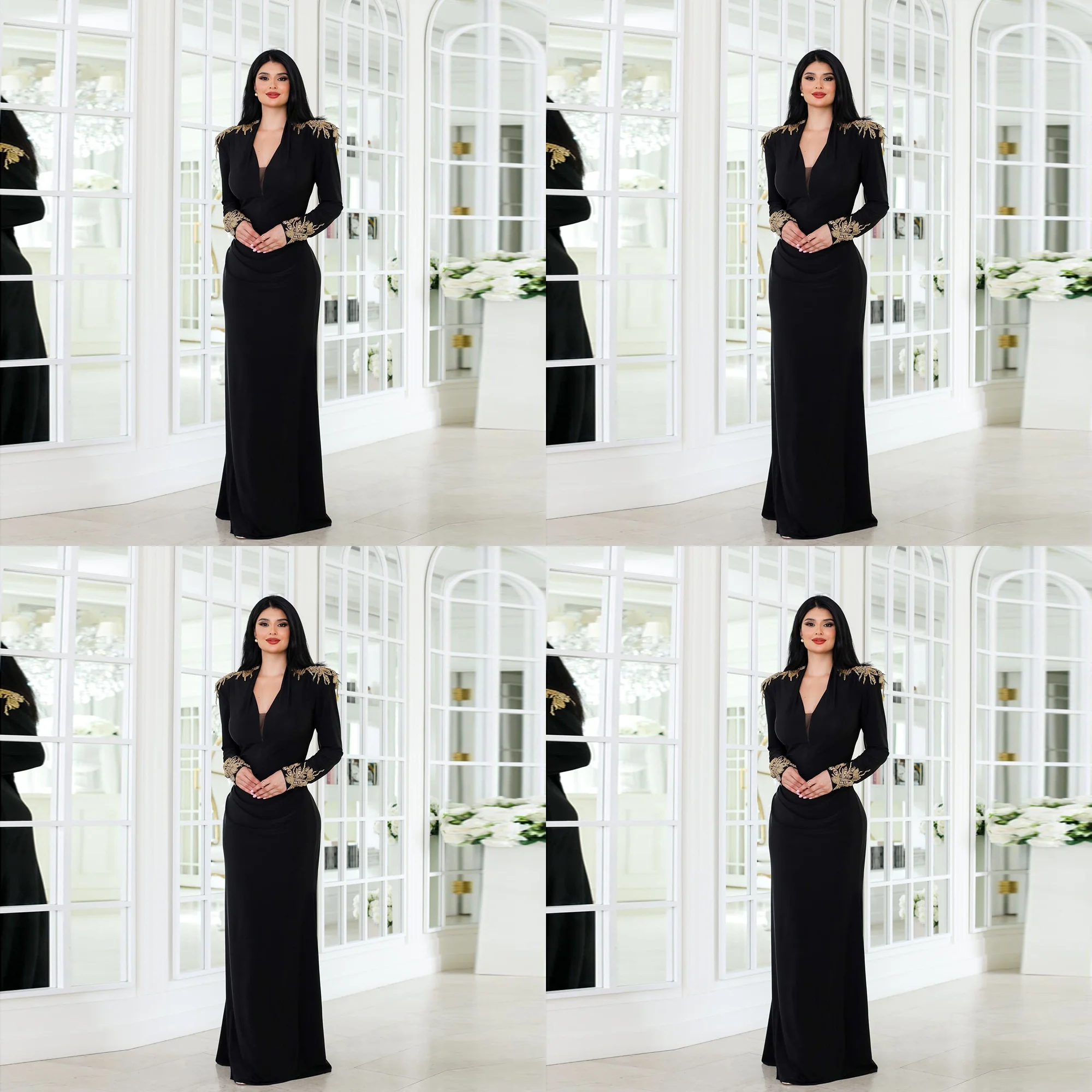

Customized Elegant V-neck Satin Pleated Straight Bridal Evening Dress Long Sleeve Long Length Party Gown with Beaded Crystal