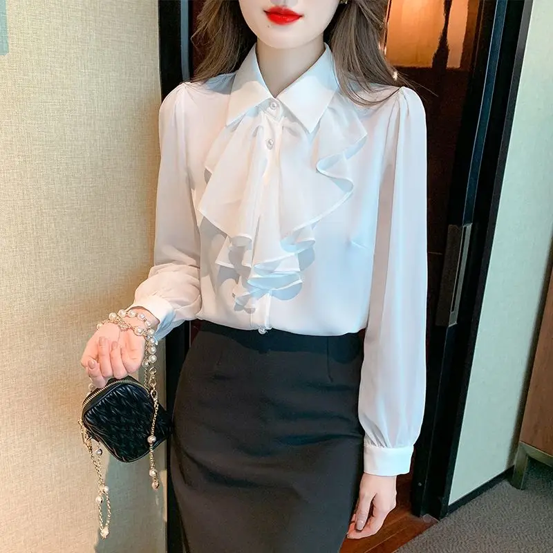 Temperament White Ruffles Patchwork Blouse Long Sleeve Solid Chiffon Elegant Shirt Tops Spring Autumn New Office Women Clothing