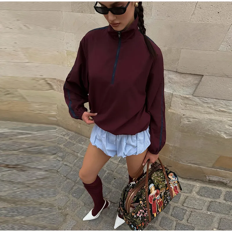 Halb-Reißverschluss Oversize-Mäntel für Damen, Street-Style Stehkragen, Laternenärmel, Paneelierte Lose Passende Jacken, Schicke Damen-Oberbekleidung – Detail 9