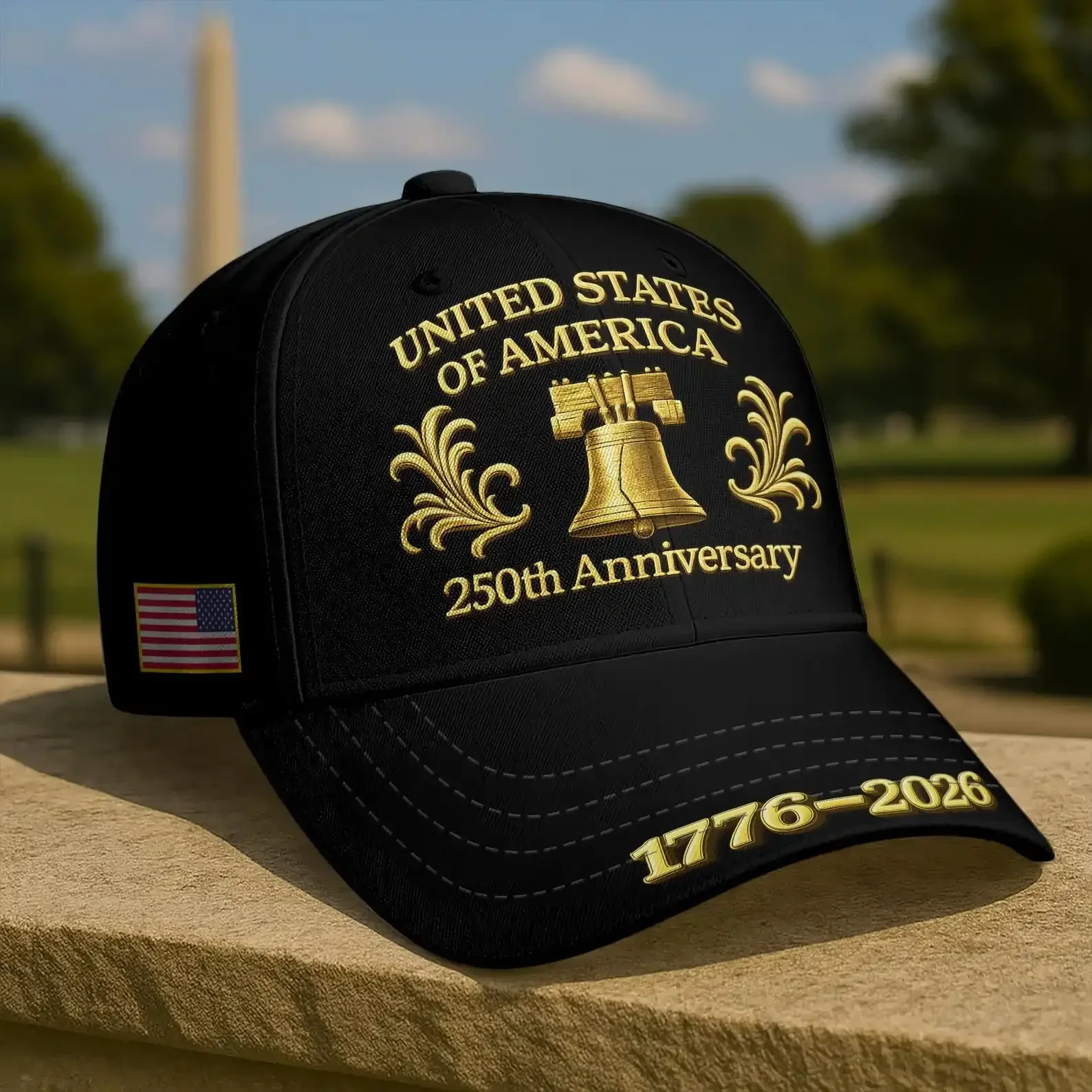 Customization United States Of America 250th Anniversary 1776–2026 Patriotic Baseball Cap, Gold Liberty Bell Design, Adjustable