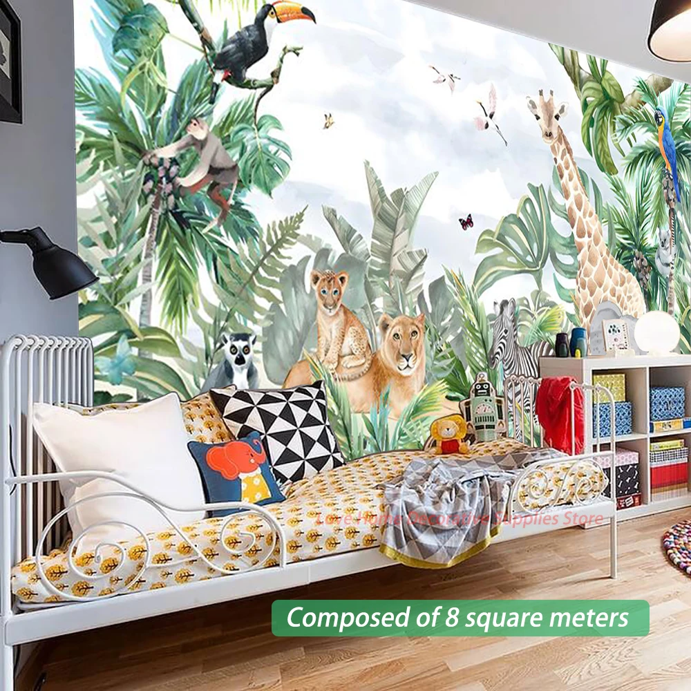 

Wilded Animal Tropical Rainforest Wall Wallpaper Large Custom Personal Size Mural Leaves Giraffe Tiger Elephant Parrot Decor Kid