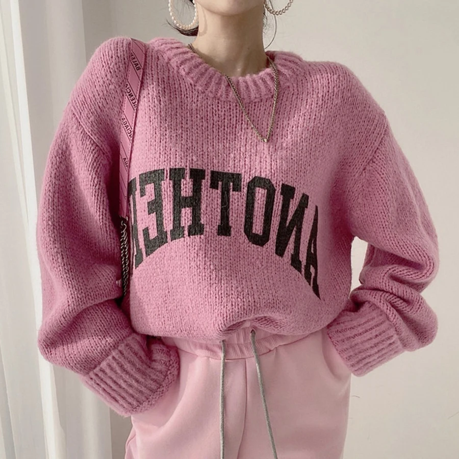 Winter Fashion 5 Colors Letter Sweaters Women Autumn Korean Loose Round Neck Knitting Pullovers Casual Woman Clothing