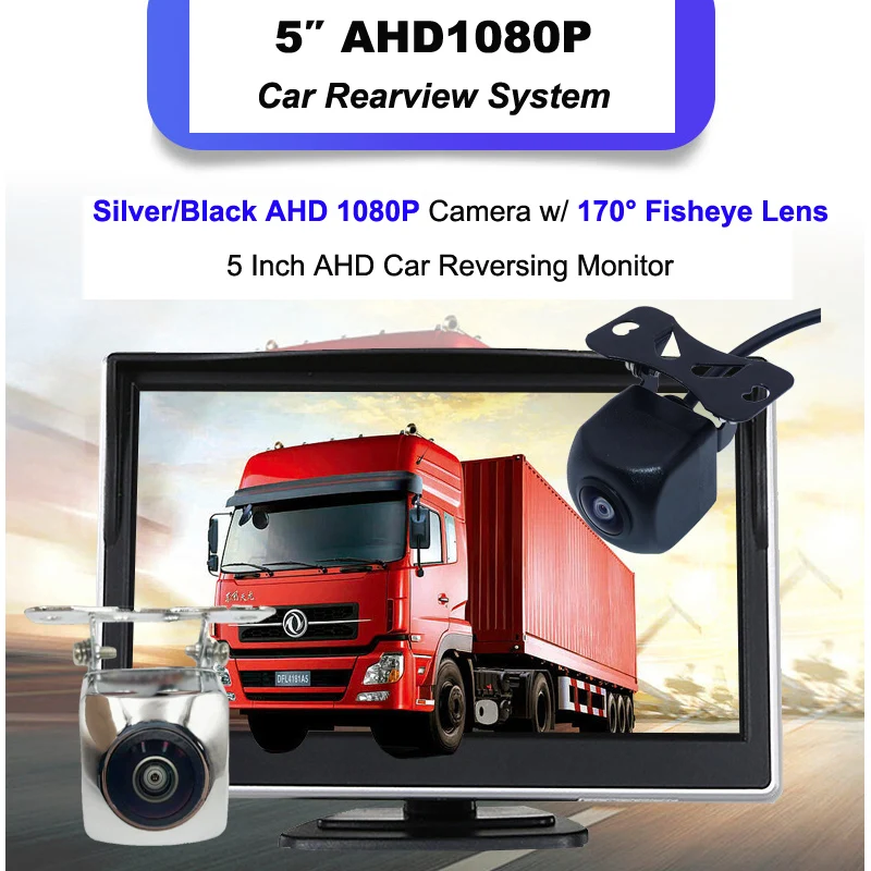 

AHD 1080P Автомобильная камера заднего вида, универсальная с монитором, 5-дюймовый, 170 ° Объектив «рыбий глаз» Starlight Серебристый Черный Система заднего вида автомобиля