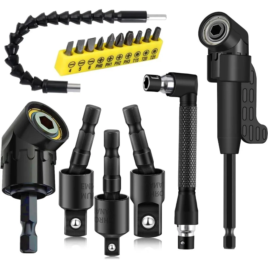 

17Pcs Flexible Drill Bit Extension Set with 3Pcs Rotatable Socket Adapter 2Pcs Hex Shank 105 Right Angle Drill Attachment 10 Sh