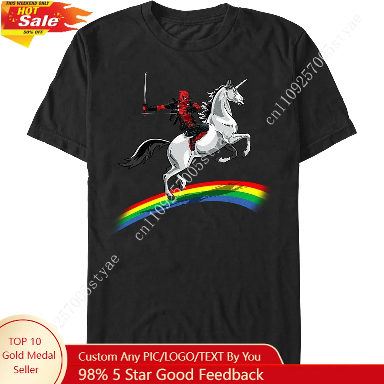

Deadpool Riding A Unicorn on A Rainbow T-Shirt Marvel Short Sleeve Shirt Crewneck Tops Soft Tee Fashion Top Men Woman Tshirt