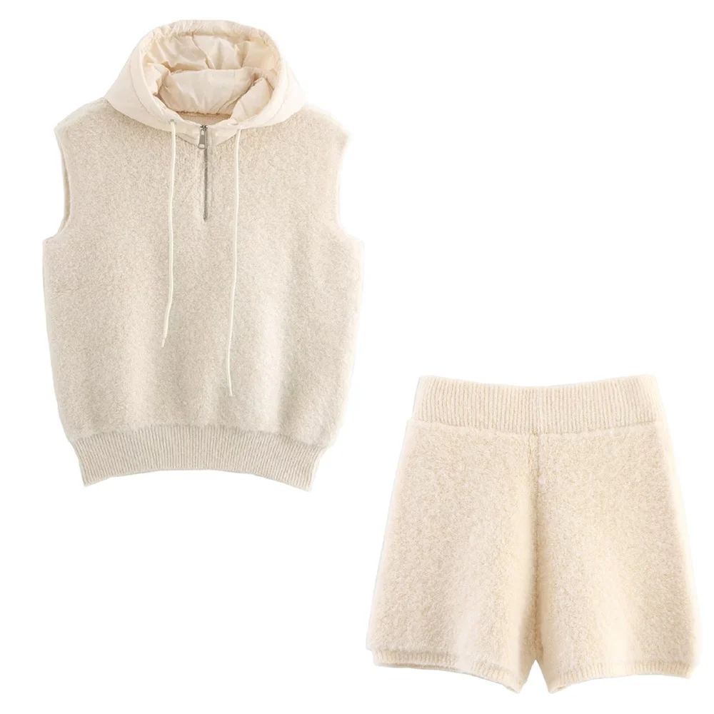 Willshela-Conjunto de 2 piezas para mujer, Sudadera con capucha y pantalones cortos sin mangas de Cachemira de oveja para primavera/otoño, trajes informales elegantes para mujer