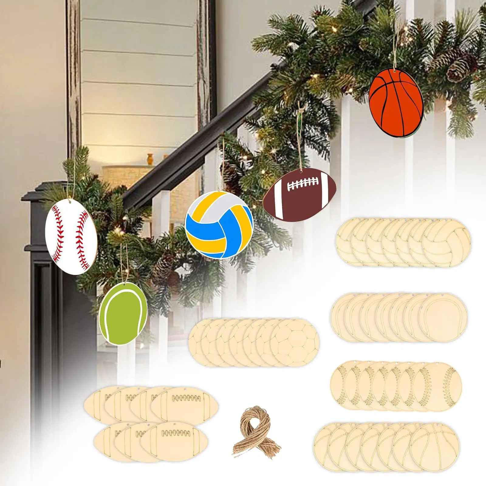 Wooden Ornaments Football Volleyball Baseball Basketball Tennis Rugby Shaped Decoration Sports Theme Unfinished Blank Wood Chips