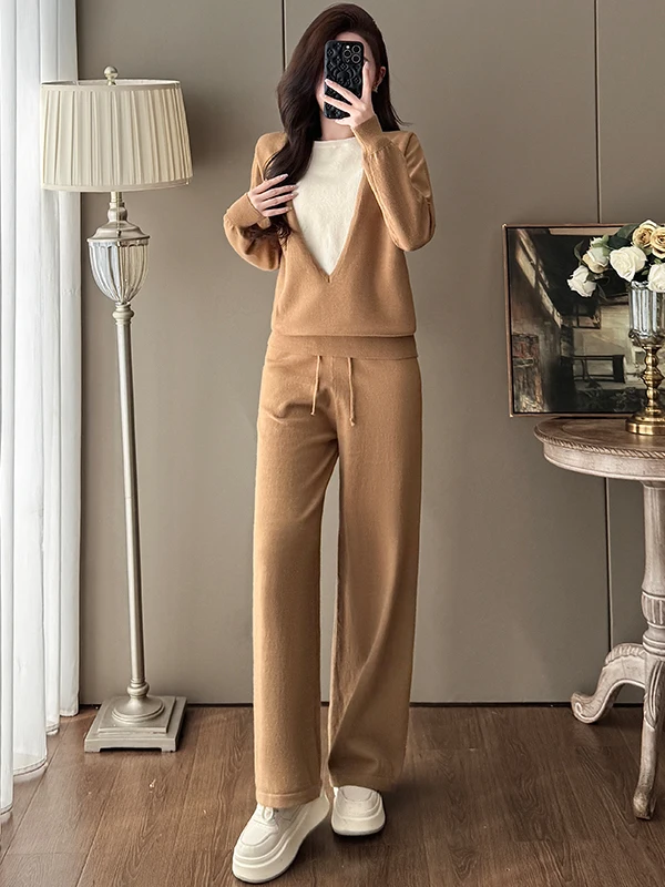 

Elegant Casual Knitted Long Sleeve Women's Two-Piece Set High Waist Wide Leg Pants Comfortable Fit Spring New Arrival