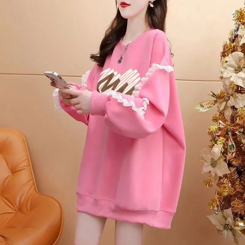 Felpa con cappuccio sottile medio lungo Graffiti con personalità da donna, maniche patchwork con bordo arricciato, top ampio con blocco della carne