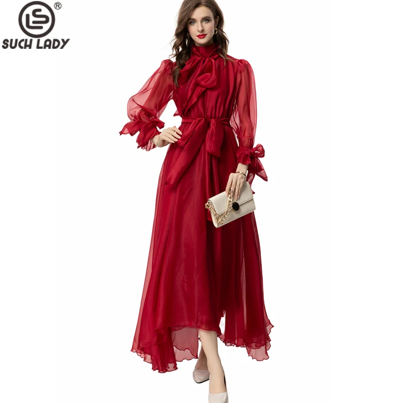 

Women's Runway Dresses Lace Up Bow Collar Long Sleeves Sash Belt Elegant Fashion Designer Party Prom Gown