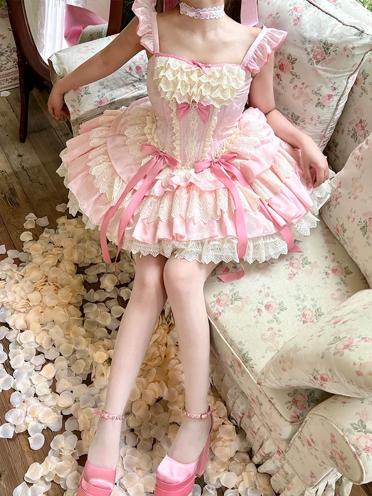 Sweet Girl Bow Ballet Princess Lolita Dress 2024 New Summer Women\'s Lace Ribbon Slim Sleeveless Short Party Fairy Sling Dresses