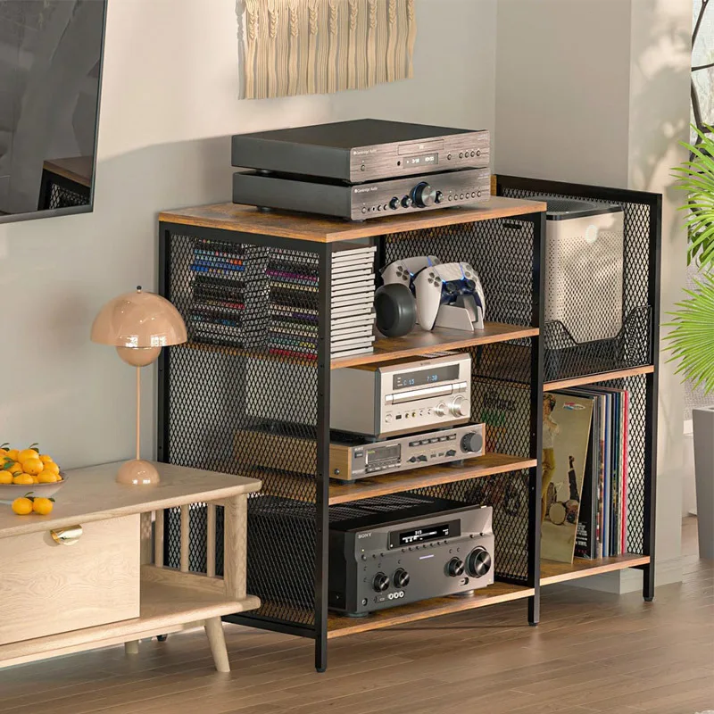 

Полка для компакт-дисков, железная деревянная полка для хранения | Подставка для проигрывателя пластинок, виниловый органайзер | Стол аудиоусилителя, шкаф для гостиной