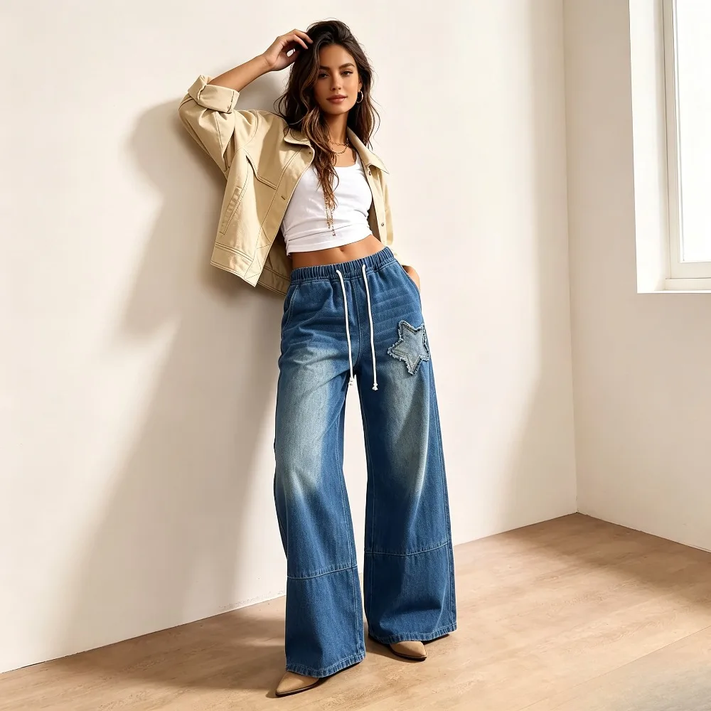 Washed and gradually whitened five-pointed star elastic drawstring elastic waist straight wide-leg denim trousers.