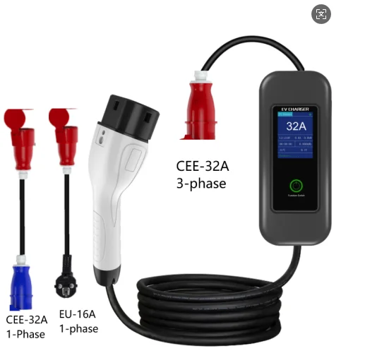 

Portable 32A 22KW EV Charger Smart APP Current Adjustable 8A-16A-32A With Three Different Adapter Plugs For EV Charging