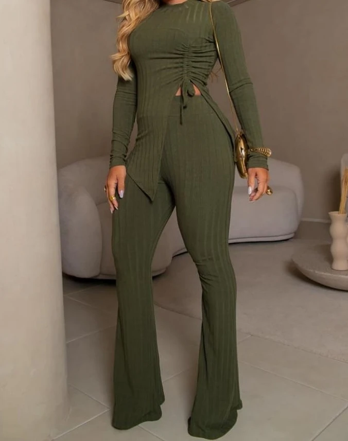 New In Women's Two Piece Sweater Pants Set 2024 Autumn Round Neck Side Drawstring Slit Ribbed Top & High Waist Flared Pants Set