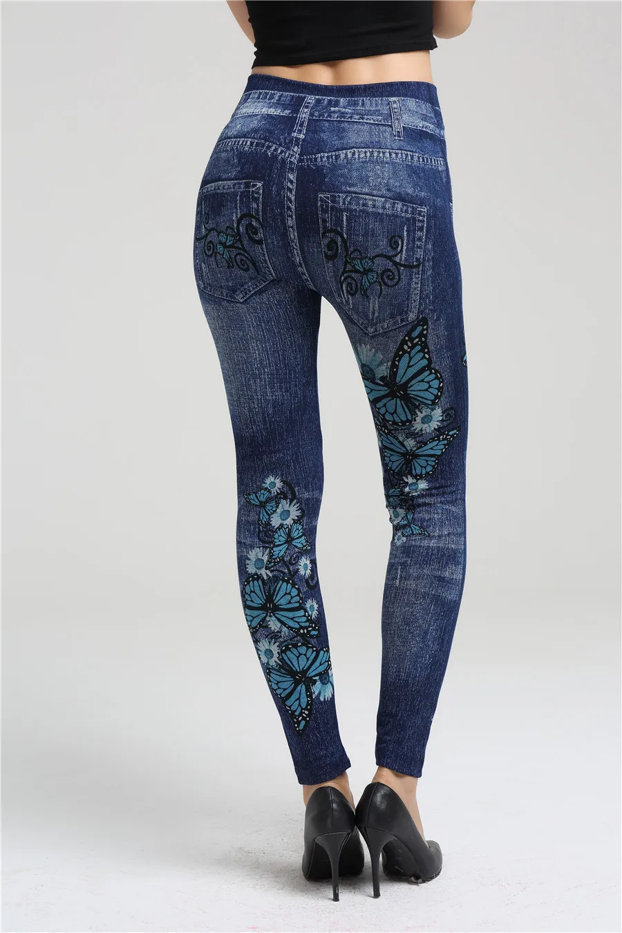 Butterfly Printed Imitation Denim Leggings Women's Thin Stretch Nine-length Leggings Spring Summer 2024 New Pants Female 006