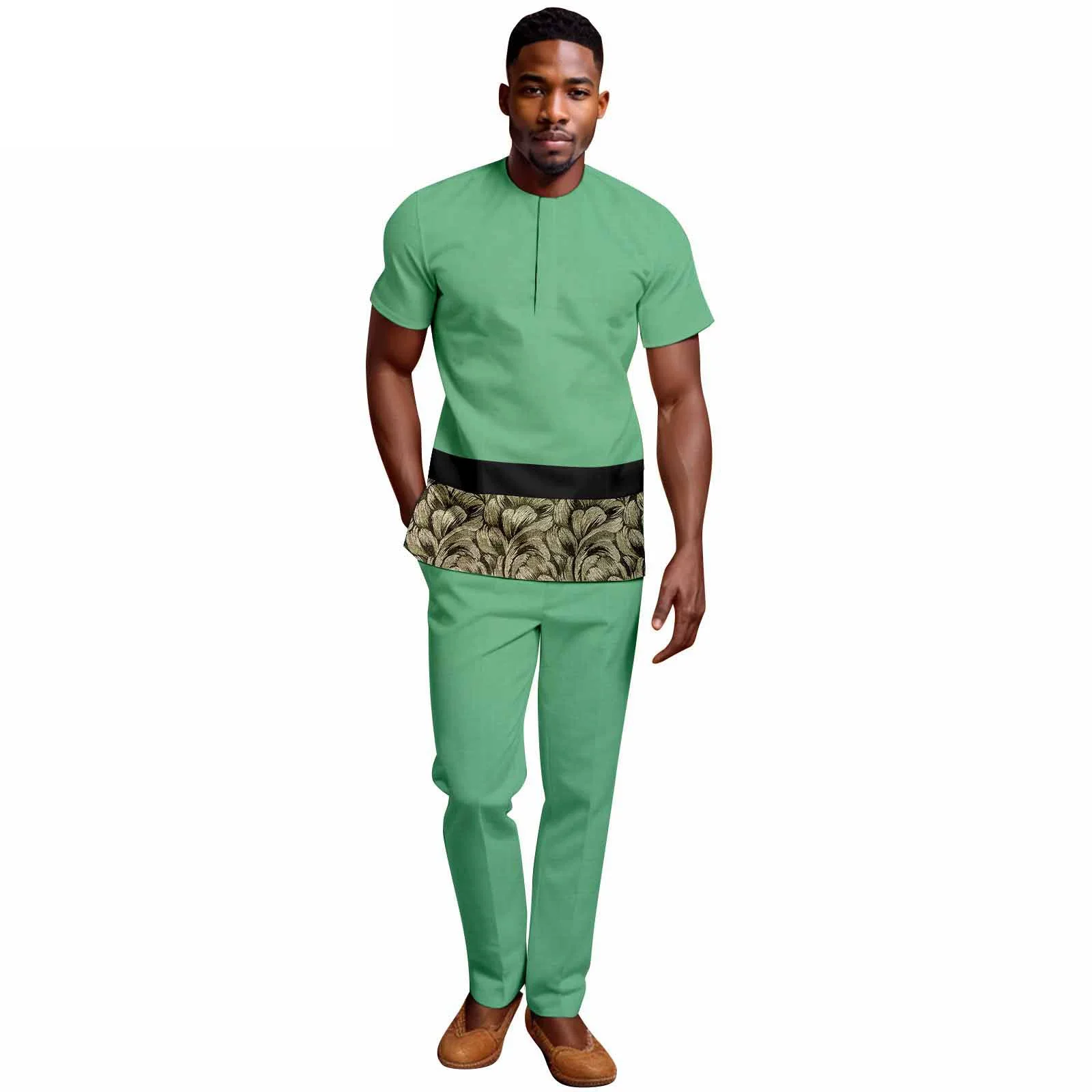 Африканский этнический однотонный хлопковый мужской повседневный костюм с короткими рукавами, топ и брюки, подходящий для разных случаев на вечеринках