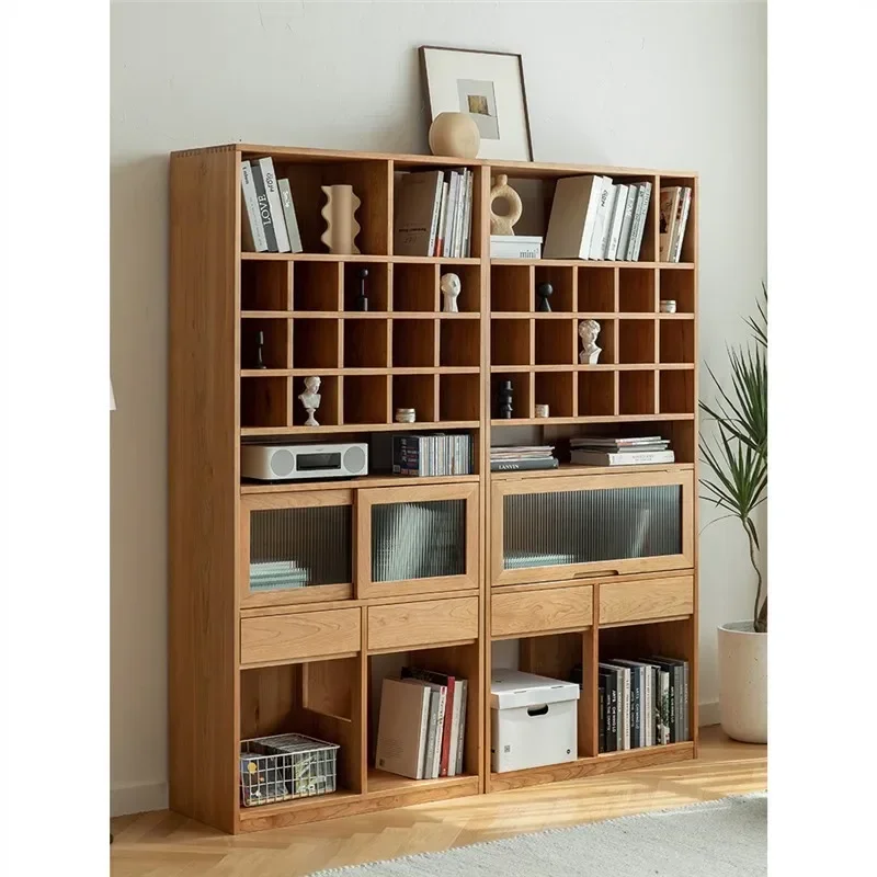Nordic Cherry Wood Bookshelf Display Cabinet All Solid Wood Log Living Room Multifunctional Modern Simple Storage Cabinet Locker