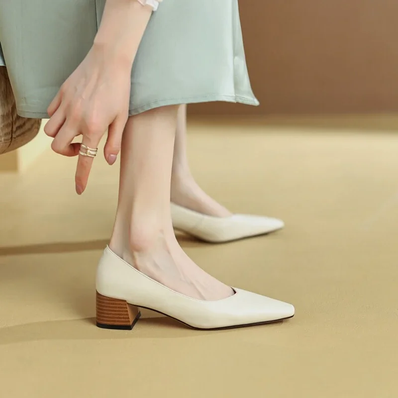 NEW Spring/Autumn Women Shoes Square Toe Chunky Heel Women Pumps Split Leather Shoes for Women Concise Soft Handmade Lady Shoes