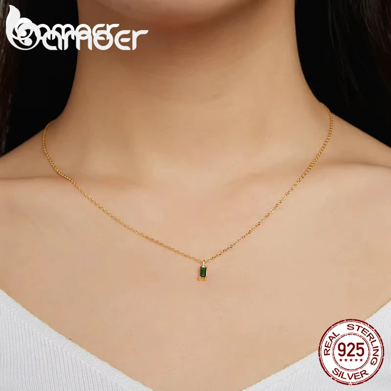 Bamoer 925 prata esterlina verde zircão pingente colar para mulheres jóias finas banhado a ouro link corrente feminino jóias presente 17.3''