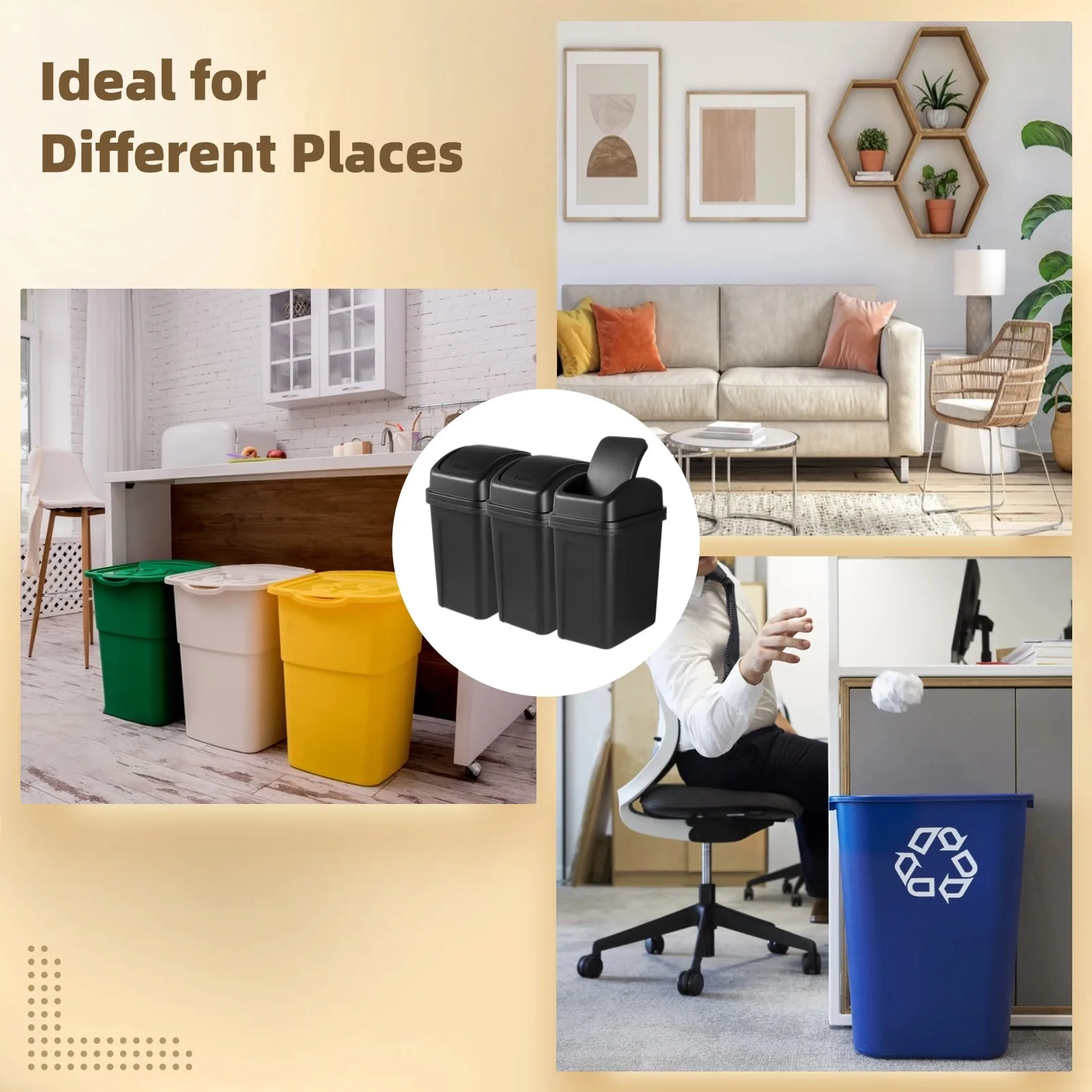 3Pcs Plastic Trash Cans 4.5 Gallons Garbage Cans Slim Swing Top Trash Cans Lidded Garbage Cans Plastic Trash Cans For Kitchen