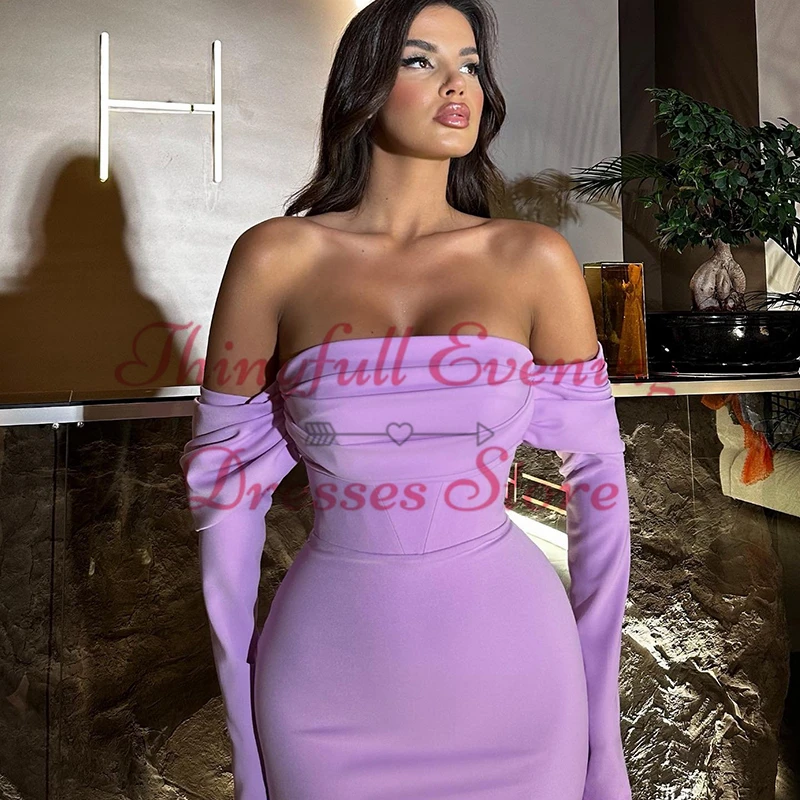 Thinyfull Sexy Mermaid Prom Evening Dresses Strapless Long Sleeve Satin Party Dress Formal Night Cocktail Prom Gowns Custom Size