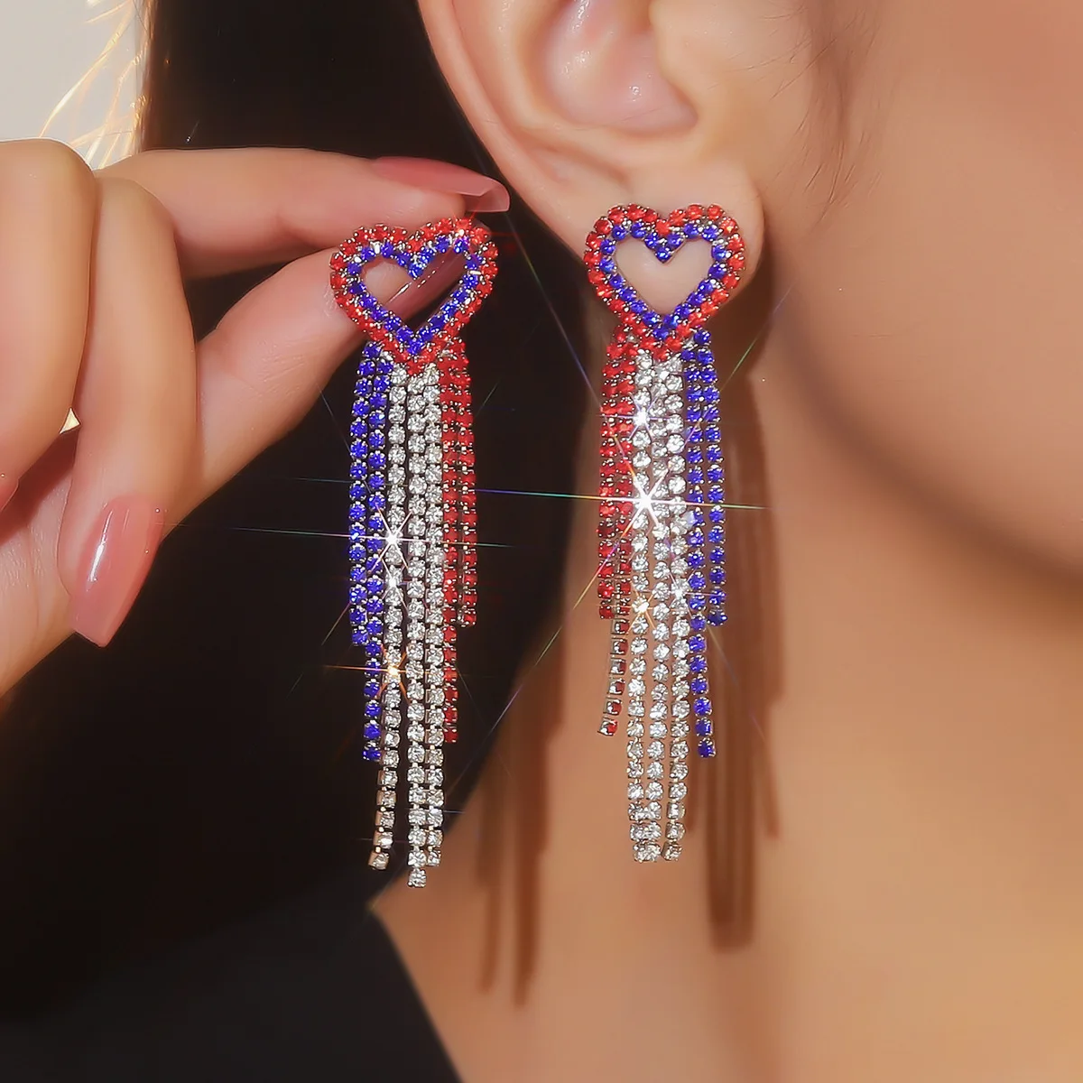 American Independence Day personality exaggerated long fringed love earrings women's rhinestone super flash stud earrings ear je