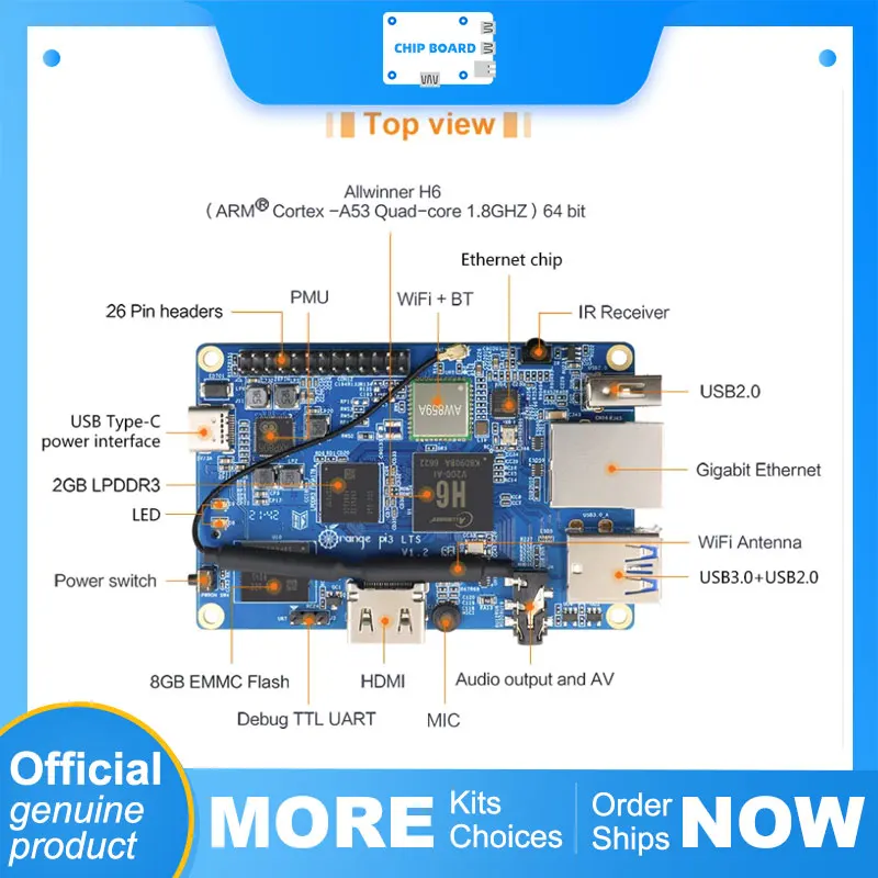 

Одноплатный компьютер Orange Pi 3 LTS — Allwinner H6, 2 ГБ ОЗУ + 8 ГБ eMMC, HDMI, WiFi, BT5.0, мощность 5V3A Type-C