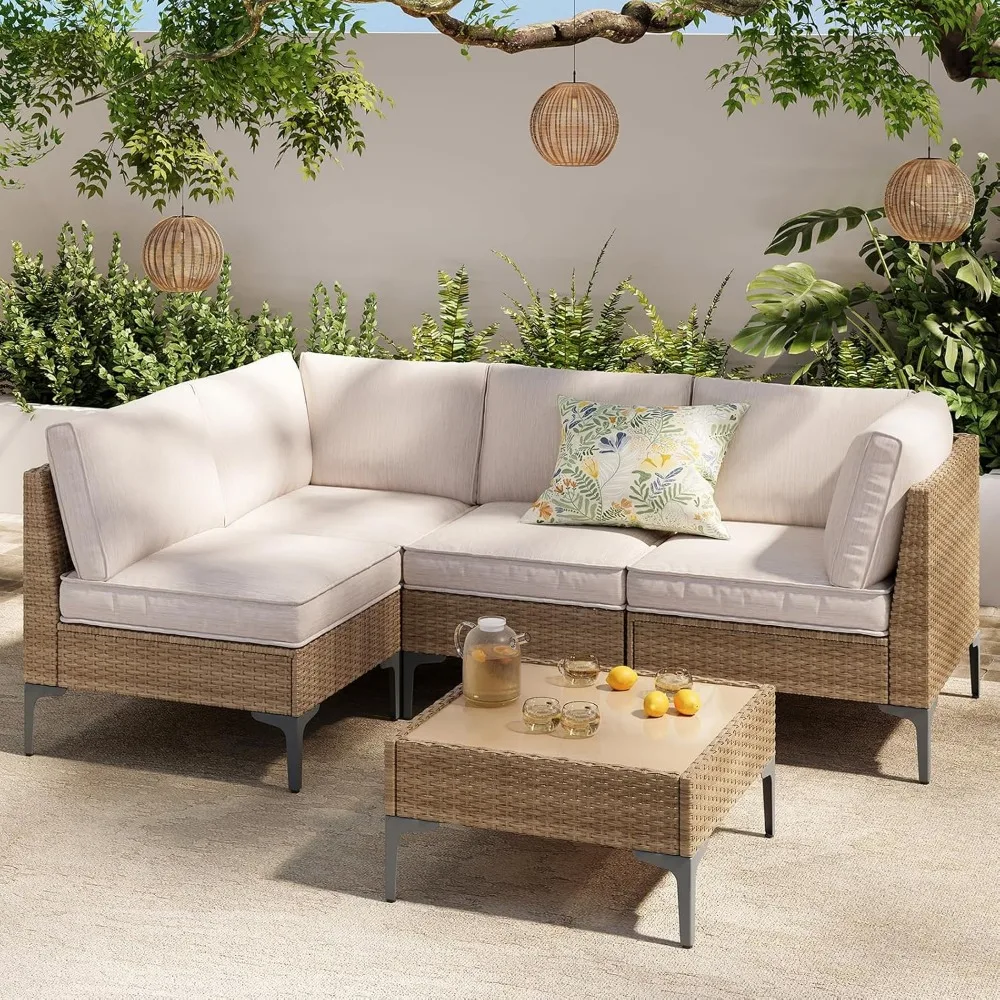 

5-Piece Patio Furniture Set, Outdoor Wicker Sectional Sofa with Coffee Table, Anti-Slip & Thick All-Weather Cushions for Sunroom