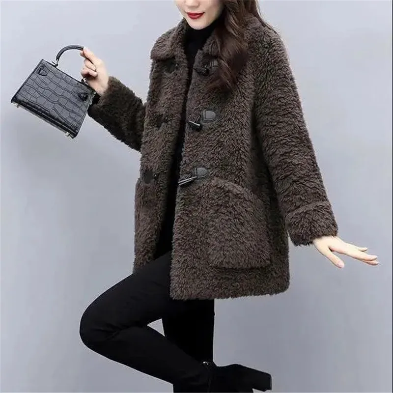 2023 Korean New Winter Lamb wool Jacket Women\'s Wear Fashion Slim Short Wool Coat 4XL Solid Casual Female Parkas Outwear Tops