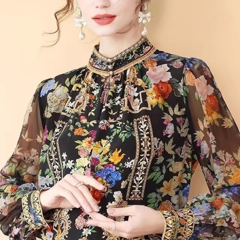 2024 Spring and Autumn Retro Ethnic Style Fashion Versatile Blouses Long Sleeve Printed Embroidery Splicing Women\'s Shirt Top