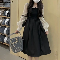 Long Sleeve Dress Women Square Collar Dot Patchwork Elegant Mid-calf Casual Fashion Autumn Popular Female Ulzzang Streetwear Ins