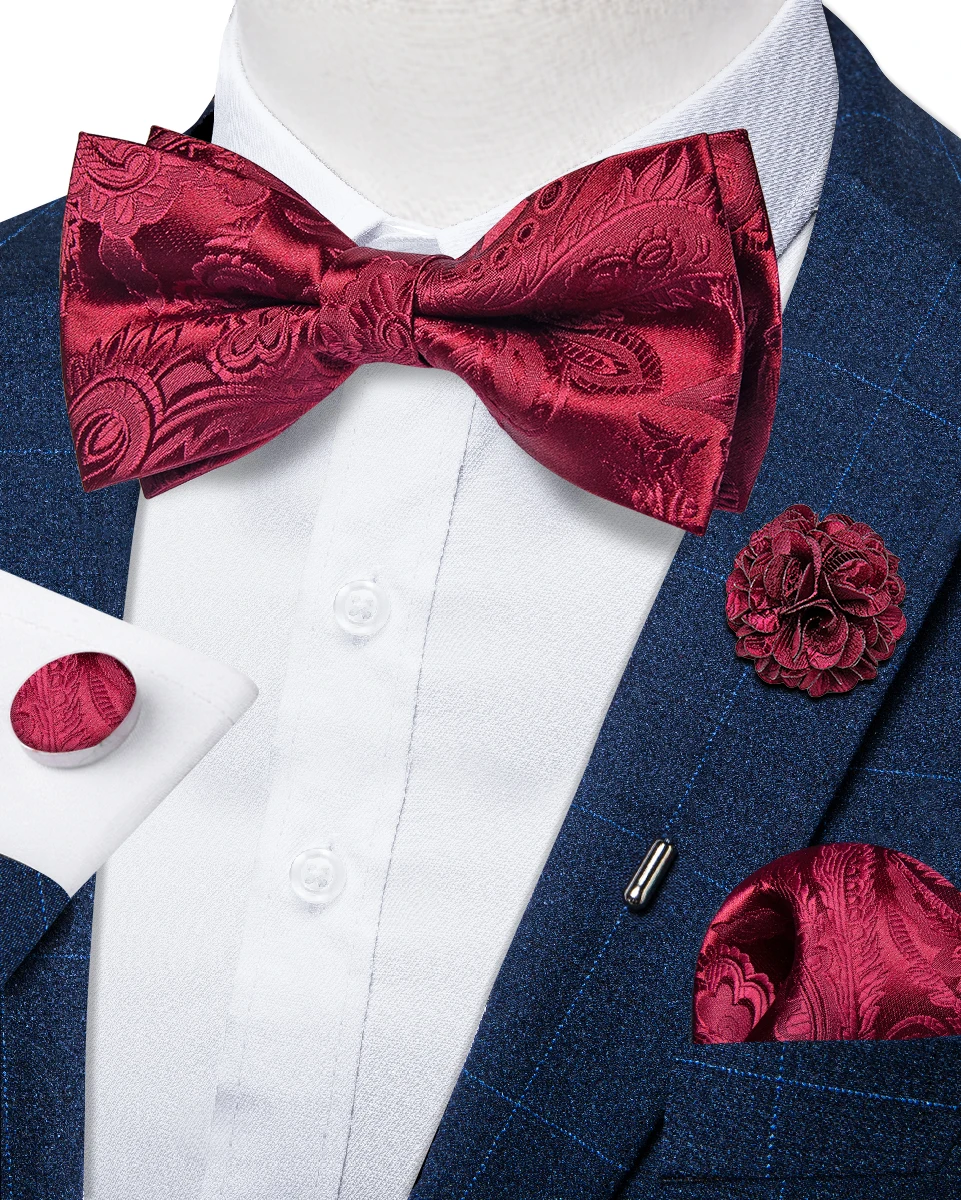 Hochzeitsfliege für Herren, klassisch rot, vorgebundene Fliege, Manschettenknöpfe, Ansteckblume, Set für Partys, Schmetterlingsknoten, Geschenk, Herren-Accessoires – Detail 14