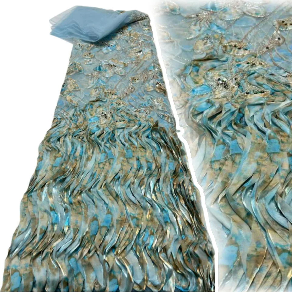 

Роскошная африканская 3D кружевная ткань с перьями, 2025 г., высокое качество, французская кружевная ткань с блестками и бисером для шитья свадебных платьев 5 лет AH1687