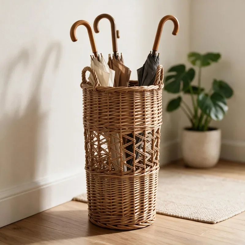 Handmade Rattan Storage Basket for Entrance Umbrella Picture Scroll Yoga Mat Kitchen Organizer Dirty Clothes Laundry Hamper