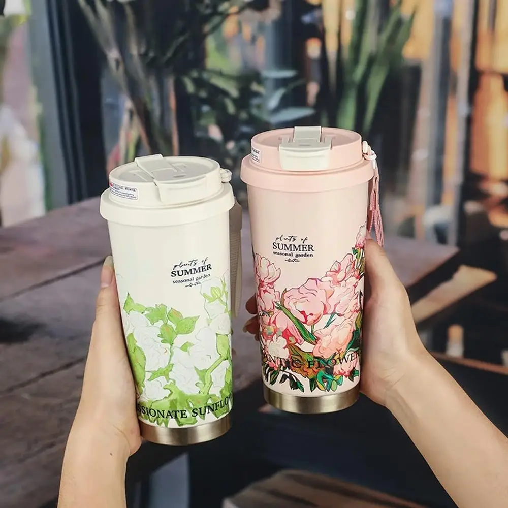 Floraler Boho-Kaffeebecher, 500 ml, Sommer-Sonnenblumen-Thermoskanne, Kaffeetasse, Reisebecher mit auslaufsicherem Deckel, doppelwandiges Vakuum