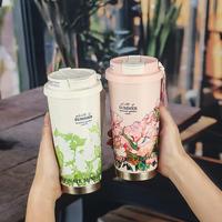 Floral Boho Coffee Tumbler 500ml, Summer Sunflower Flower Thermos Coffee Cup Travel Mug With Leakproof Lid Double Wall Vacuum