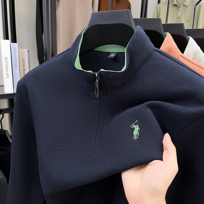 Marca de designer pônei bordado pulôver masculino nova moda conforto paul luxo meio zíper gola alta manga longa camiseta