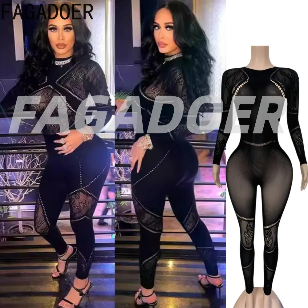 FAGADOER Sexy Stricken Bodycon Overalls für Frau Einfarbig Hohl-out Lange Ärmel Strampler Weibliche Streetwear Overalls Neue