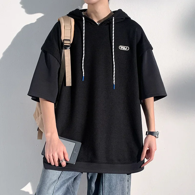 Summer Waffle Hooded Short Sleeve T-shirt Korean Fashion Fake Two Tshirt Y2K Streetwear Oversize Tee Tops Casual ropa hombre