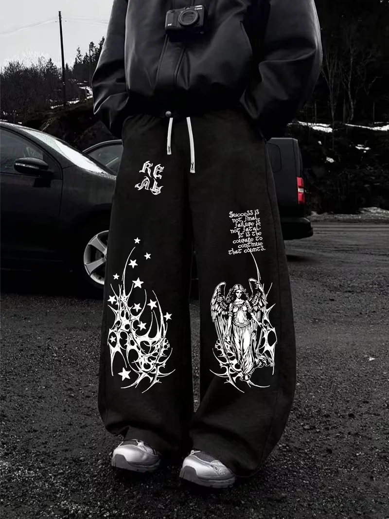 2026 New Model Men Gothic Vertical Graphic Wide Leg Sweatpants Drawstring Loose Straight Baggy Y2K Dark Punk Streetwear Pants.
