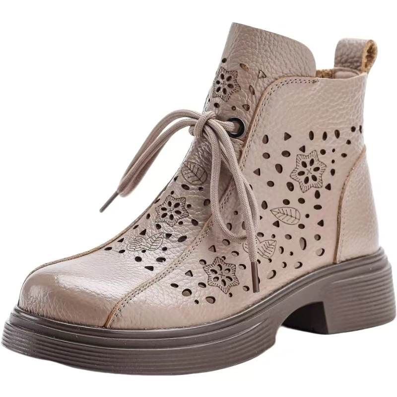 

Женские кожаные ботильоны на блочном каблуке с круглым носком, весна-лето, новые дышащие ботинки-пещеры на толстой подошве с молниями, крутые ботинки